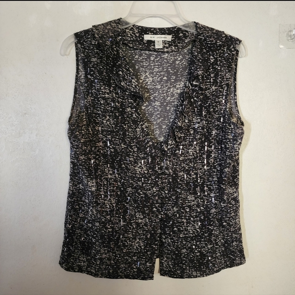 St. John Embellished Silk Sleeveless Ruffle Blouse Size 10, see pit picture